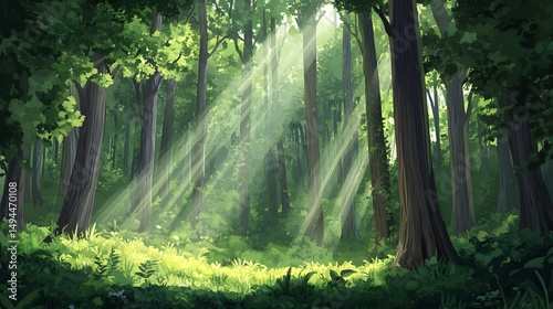 Sunlit Forest Glade Rays of Light Woodland Scenery Tranquil Nature Fresh Greenery Peace Serenity