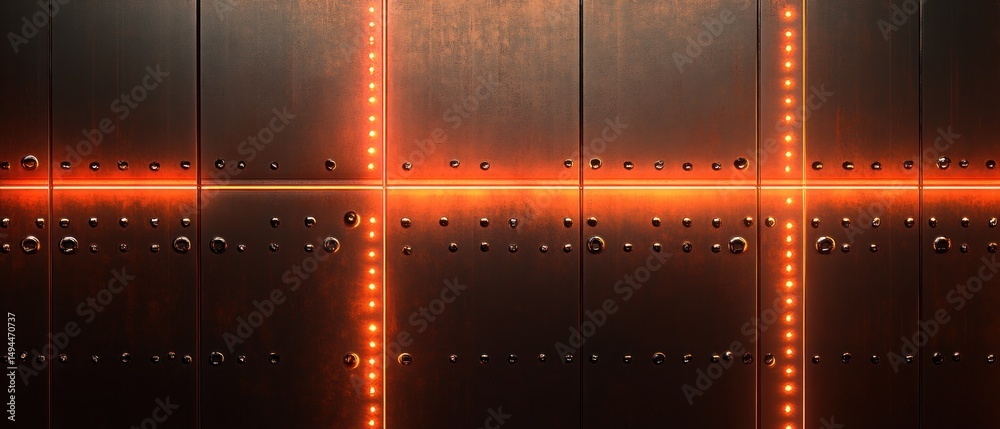 Obraz premium Metallic wall with glowing lights and rivets