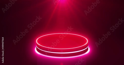 Minimalist podium with moving light in 4K.Suitable for product showcase, presentation, and promotion. Shiny Red and Pink Light Stage BG with Black Cylinder Podium.Empty display podium.