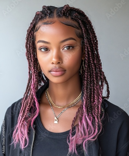 Beautiful Woman with Braided Hair, Jewelry, and Confident Pose