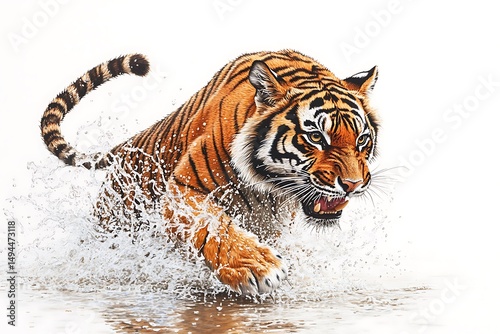 A tiger leaps through water with ferocity and determination on a white background artwork image