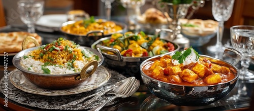 Vibrant Indian Dishes Arranged Elegantly on Dark Table Setting