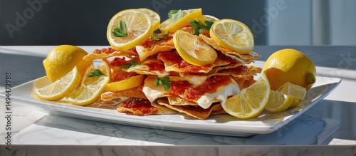 Cheesy Nachos Enhanced with Tangy Lemon Slices on Elegant Plate