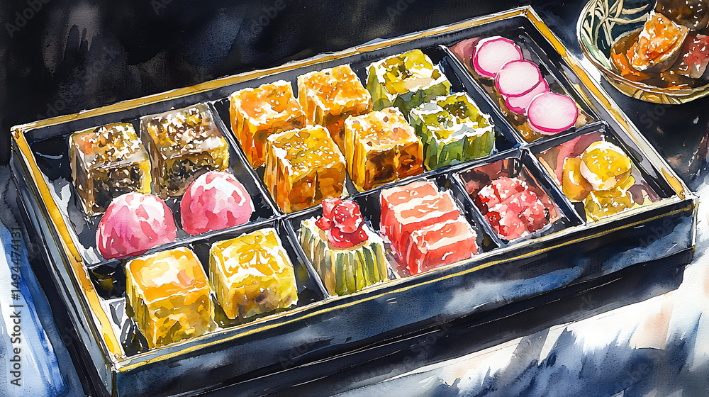 Fototapeta premium a beautifully arranged bento box or hwamiga, filled with various colorful and artfully prepared dishes, showcasing Korean culinary artistry.