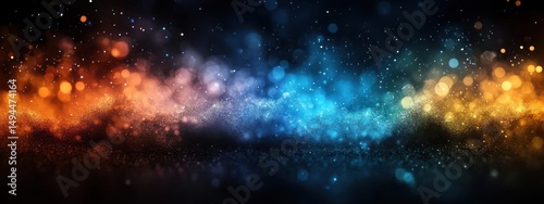 Golden and blue sparkling nebula, cosmic dust, vibrant light.