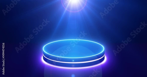Minimalist podium with moving light in 4K.Suitable for product showcase, presentation, and promotion. Shiny Purple and Blue Light Stage BG with Black Cylinder Podium.Empty display podium.
