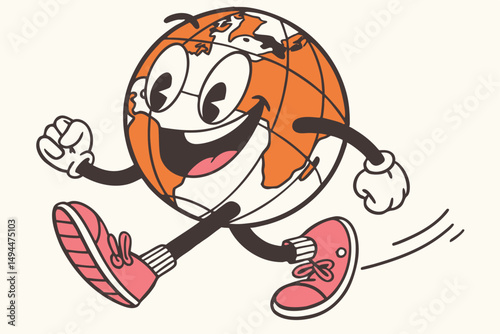 Cartoon Globe Character Running, World with Face, Orange Landmasses, Retro, Vintage Style