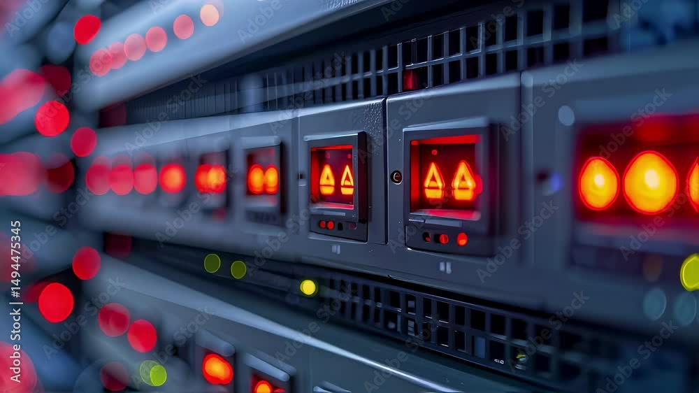 Close-Up of Server Rack with Red Error Lights and Warning Indicators
Close-Up of Server Rack with Red Error Lights and Warning Indicators