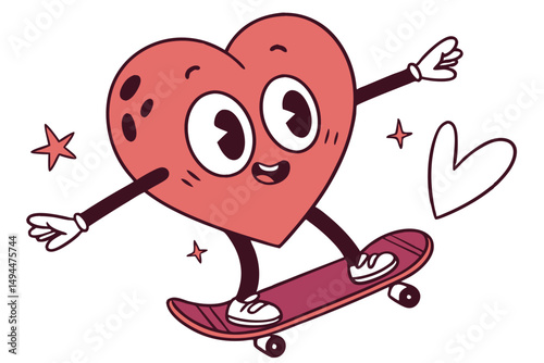Cartoon Heart Character on Skateboard with Happy Face, Retro Style, Pink and Red Tones