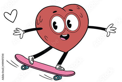 Cartoon Heart Character on Skateboard, Retro Style, Smiling Face, White Background