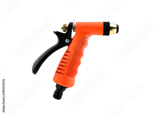 orange garden water spray gun with brass gear adjustable level isolated on transparent