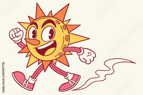 Retro Cartoon Sun Character Walking, Smiling Face, Arms Up, Running, Isolated on Cream