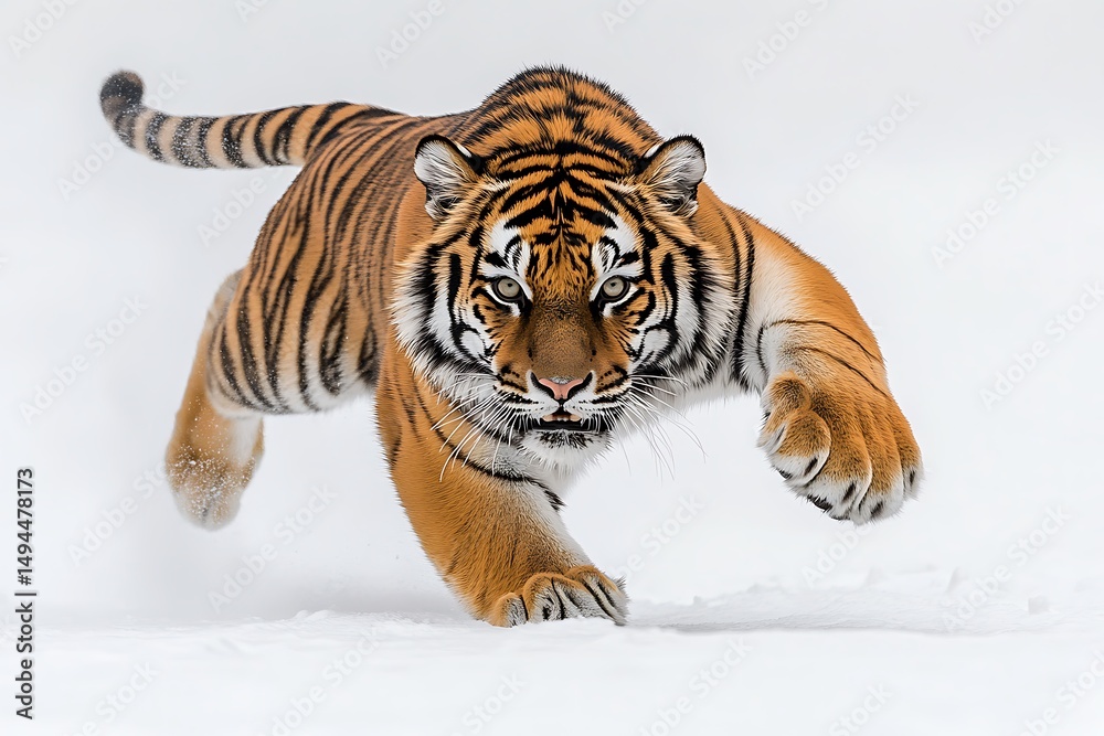 Obraz premium A tiger leaps forward powerfully in the snow with its eyes focused and tail curved upwards slightly