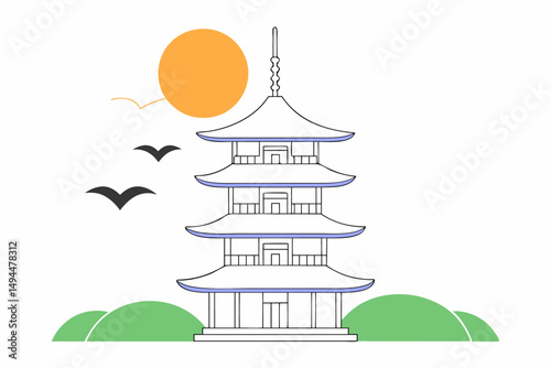 Stylized digital illustration of traditional japanese architecture featuring elegant temple structures with a peaceful cultural atmosphere and artistic flair