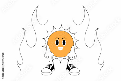 Fun cartoon sun with a big smile and blazing fire flames illustrated in a cheerful style great for summer holiday designs or happy sunny character art