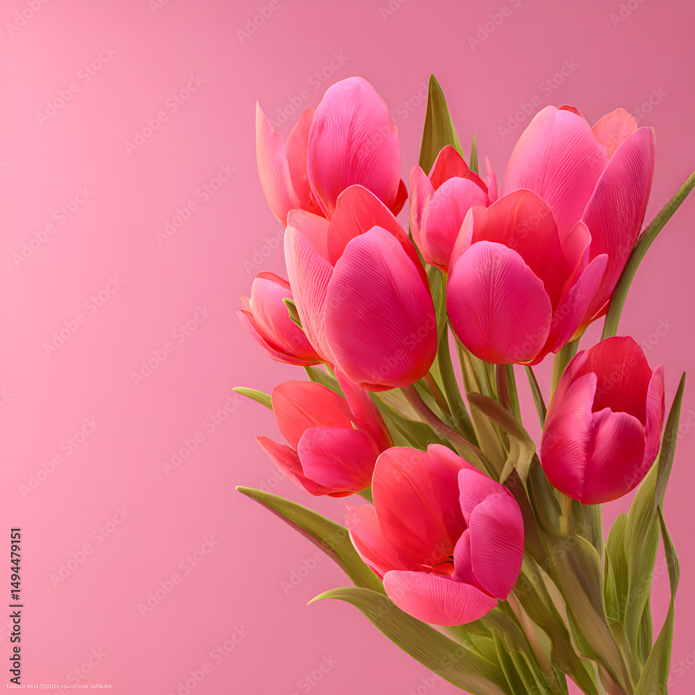 Obraz premium Pink tulips bouquet on pink background spring flowers floral beauty
