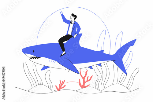 Whimsical artwork featuring a business man riding a large shark in a surreal colorful environment perfect for fun dynamic storytelling or visual branding