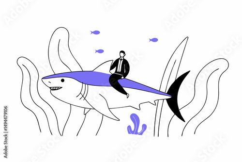 Imaginative surreal scene of a business man on a giant shark with vibrant colors ideal for creative visual storytelling and unique branding illustration