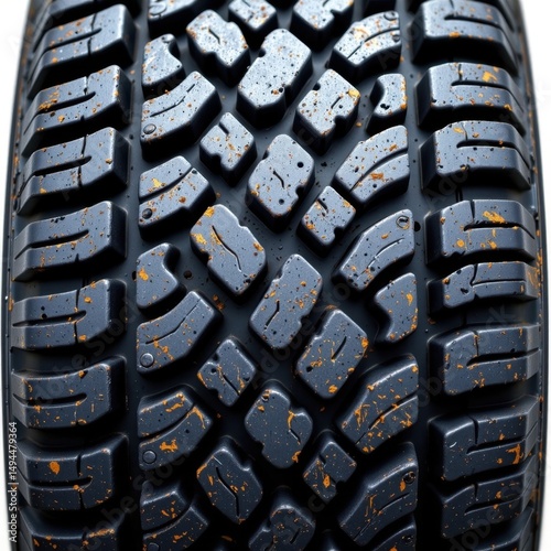 Close-up view of a rugged tire tread showcasing detailed pattern and robust construction with speckles of dirt and grime for off-road and vehicle durability purposes