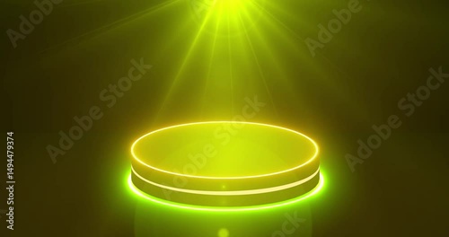Minimalist podium with moving light in 4K.Suitable for product showcase, presentation, and promotion. Shiny Green and Yellow Light Stage BG with Black Cylinder Podium.Empty display podium.