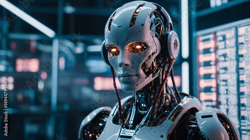 Futuristic Al humanoid robot in a high -tech lab, glowing circuits, Cyberpunk aesthetic, ultra -deatailed 8k