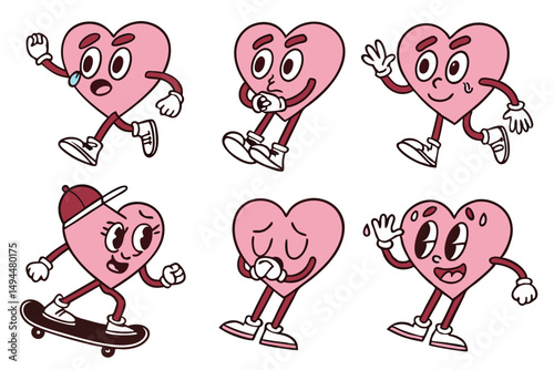 Hearts Character Set Retro Cartoon Pink Hearts with Expressions, Arms, Legs, and Shoes