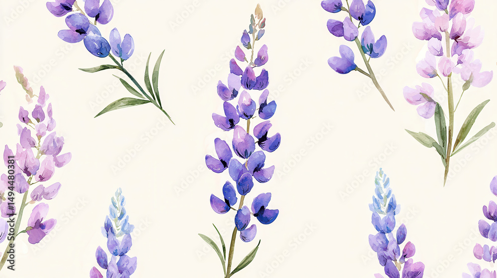 Fototapeta premium Minimalist watercolor lupines in soft hues create serene and elegant floral pattern, perfect for various designs