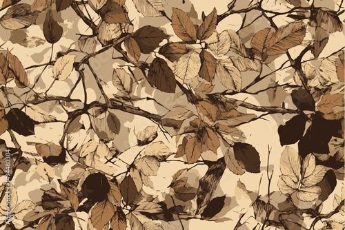 Realistic forest camouflage pattern for hunting. Hunting Seamless pattern.Conifer tree,  brown branches and leaves. Useable for hunting and military purposes. Vector hunting camouflage pattern