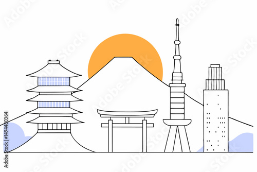 Beautiful artwork of Tokyo skyline with traditional Japanese buildings and Mount Fuji great for postcards tourist designs and travel blogs