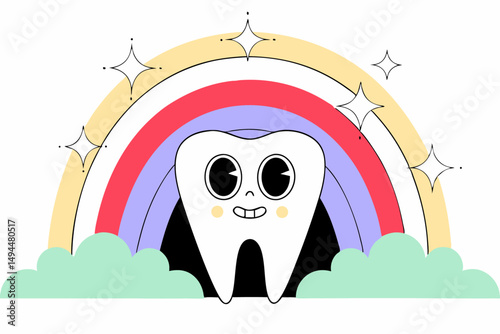 Smiling tooth character floating among rainbows and clouds a perfect design for kids dental merchandise and playful hygiene visual content