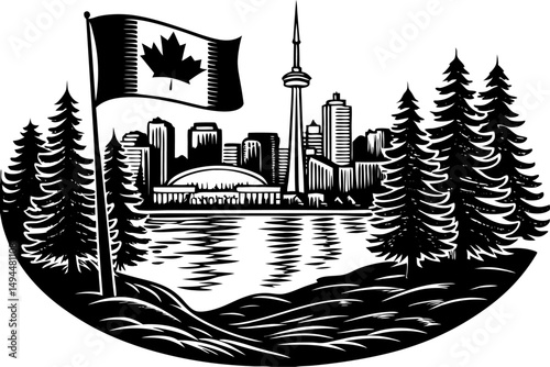 Artistic cityscape of Toronto featuring iconic skyline national flag reflective lake and forest trees great for Canadian tourism branding and blogs
