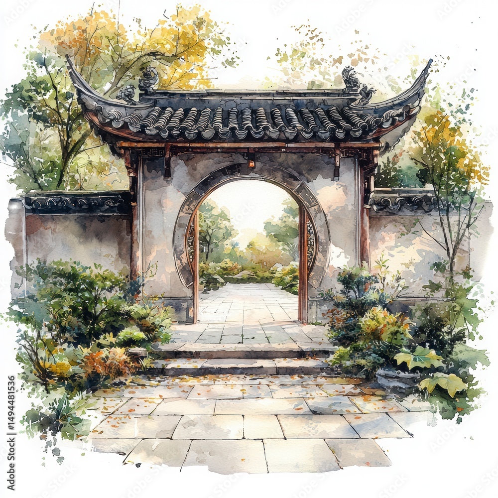 Obraz premium Serene Entrance to Asian Garden with Traditional Architecture and Nature