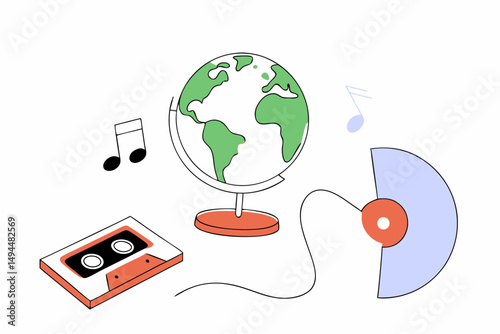 earth globe surrounded by music notes and cassette symbols highlighting world music day connection