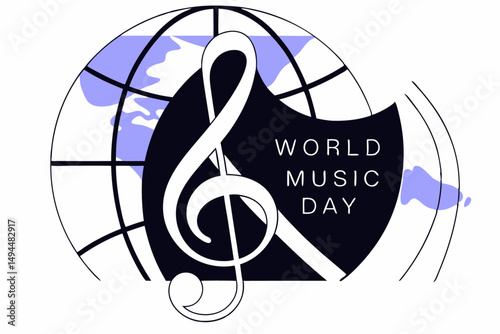 Minimalist Design for World Music Day Featuring a Treble Clef and Globe Map that Highlights the Global Impact and Cultural Significance of Music