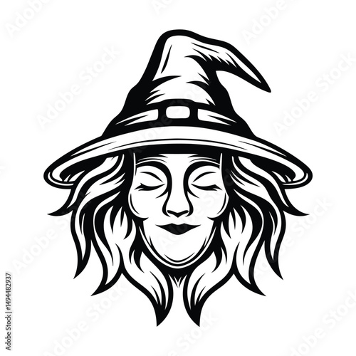 face of a witch with closed eyes and a traditional hat, black and white art