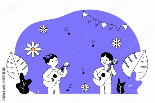 Celebrate World Music Day with Lively Young Musicians Playing Guitar Showcasing the Spirit of Musical Growth and Community in a Colorful Scene