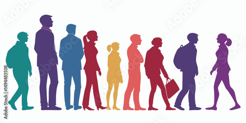 Multicolored Silhouettes of Diverse People Featuring Vibrant Colors and Minimalist Design with Clean Lines, Subtle Shadows, Dynamic Composition, and Inclusive Representation in Flat Illustration Style