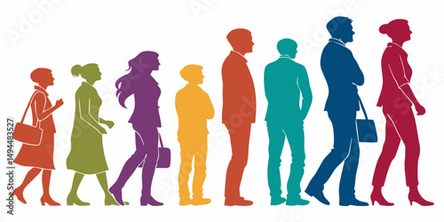 Multicolored Silhouettes of Diverse People Featuring Vibrant Colors and Minimalist Design with Clean Lines, Subtle Shadows, Dynamic Composition, and Inclusive Representation in Flat Illustration Style
