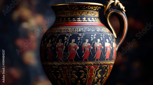 Ancient Greek amphora depicting warriors in black-figure style photo