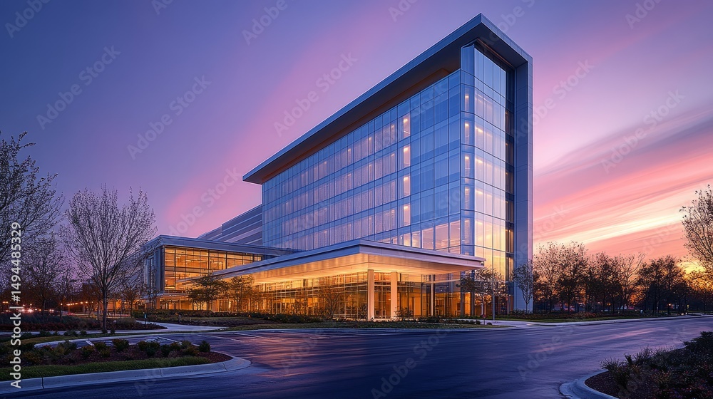 Obraz premium Hospital building with modern design and soft internal lighting, standing tall under the vivid gradient hues of twilight