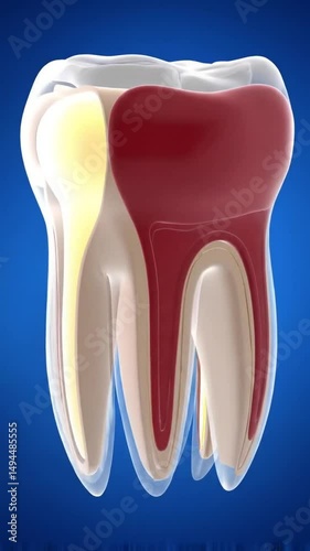 Detailed tooth anatomy model showing internal structures with soft warm lighting. AI Generated
