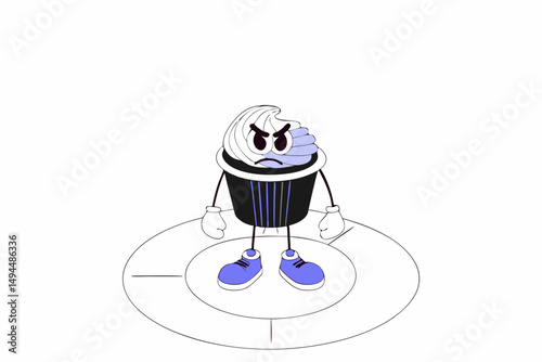 Cartoon cupcake character with pink frosting and an angry, determined expression