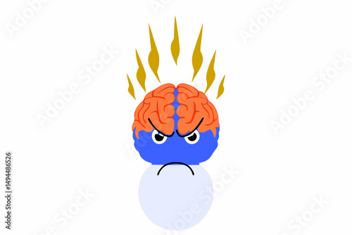 Cartoon brain character engulfed in flames with a strong angry and cranky expression
