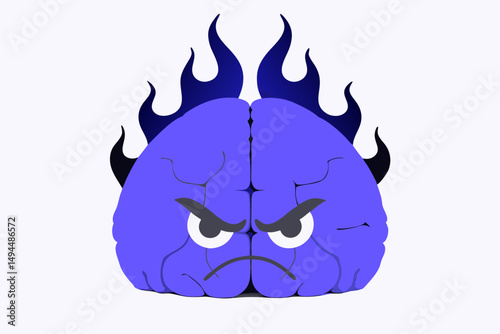 Cranky angry cartoon brain with fiery flames graphic depicting frustration and mental energy in a fiery creative design suitable for emotional expression and artwork