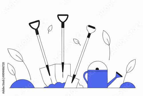 Gardening tools including shovels and watering can illustrated with bright colors and fine details perfect for garden-related content and outdoor activity promotions