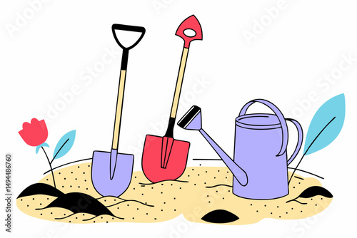 Gardening tools featuring shovels and watering can designed with clear and attractive visuals ideal for DIY gardening projects and environmental blogs