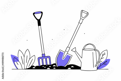 Gardening tools collection with shovels and watering can depicted in a friendly and accessible style to support gardening tips and outdoor hobbyist articles