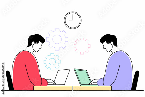 Illustration of two men working on laptops at an office highlighting teamwork and productivity in a professional business environment suitable for corporate content