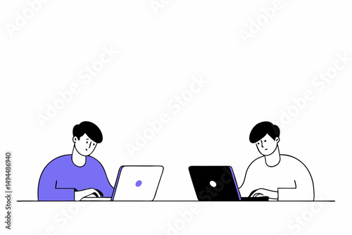 Illustration of two men collaborating on laptops at a modern office space showing cooperation and digital workflow to support business and tech articles
