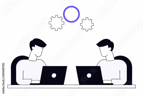 Illustration showing two men working on laptops in a modern office environment with a collaborative and productive atmosphere